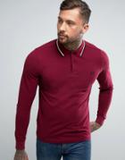 Fred Perry Slim Long Sleeve Polo Shirt Two Tone Tipped Pique In Claret - Red