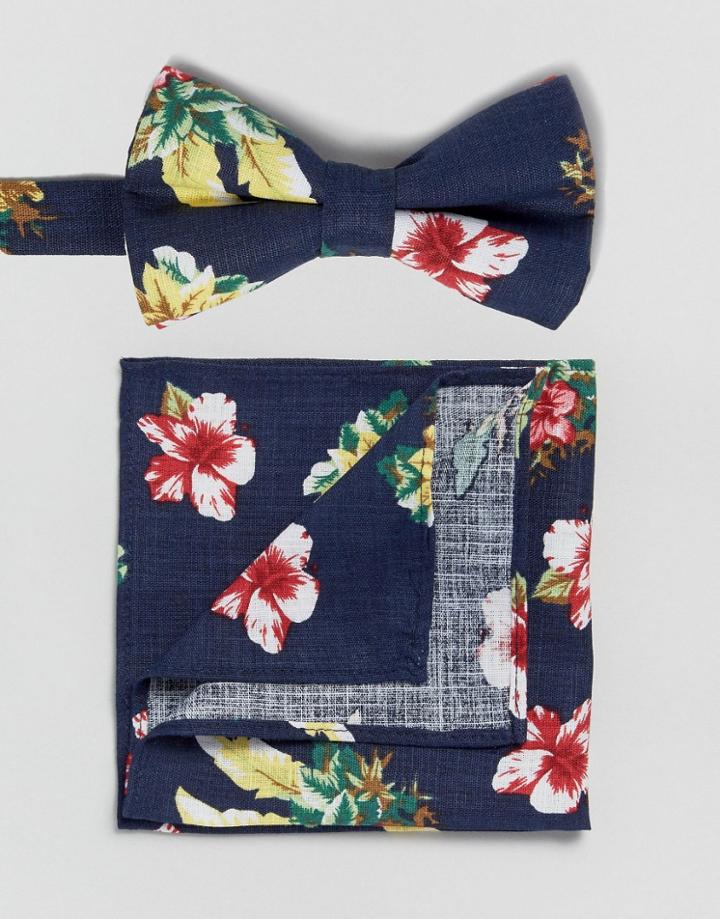 Asos Floral Bow Tie And Pocket Square - Navy