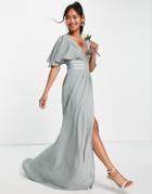 Asos Design Bridesmaid Flutter Sleeve Maxi Dress With Satin Trim Detail And Wrap Skirt-green