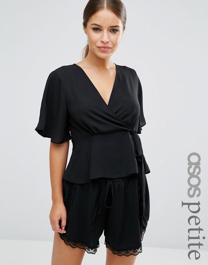 Asos Petite Tea Blouse With Wrap Front - Black