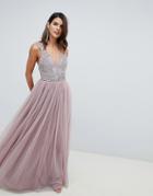 Asos Design Maxi Dress In Tulle With Embellished Bodice - Pink