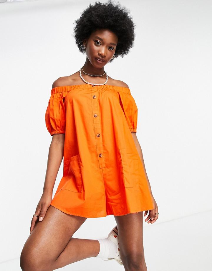 Asos Design Off Shoulder Button Through Swing Romper In Tomato Red