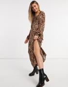 Stradivarius Shirred Top Midi Dress With Split Detail In Leopard Print-brown