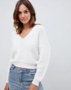 Asos Design V Neck Sweater In Moving Rib - Cream