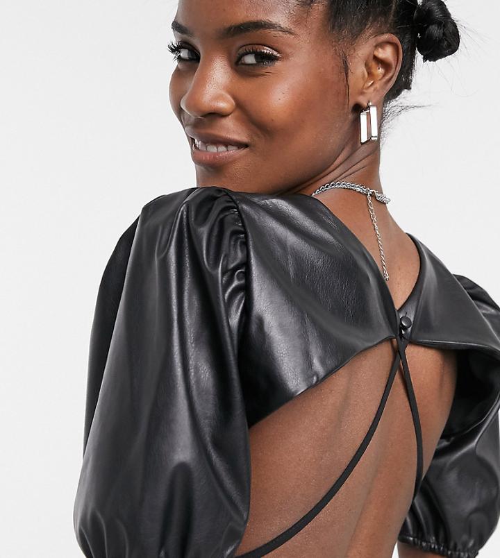 Collusion Open Back Pu Crop Top In Black