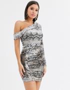 Lavish Alice Velvet One Shoulder Mini Dress In Snake Print-multi