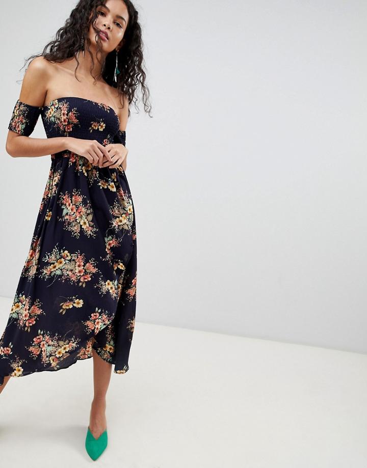 Qed London Off Shoulder Floral Midi Dress - Navy