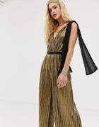 Moon River Metallic Wide Leg Jumpsuit With Bow Shoulders - Gold
