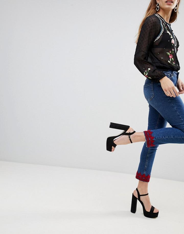 New Look Embroidered Hem Skinny Jean - Blue
