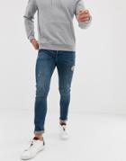 Asos Design Super Skinny Jeans In Green Cast With Abrasions - Blue