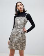 Lost Ink Belted Cami Dress In Jacquard Leopard Print - Multi