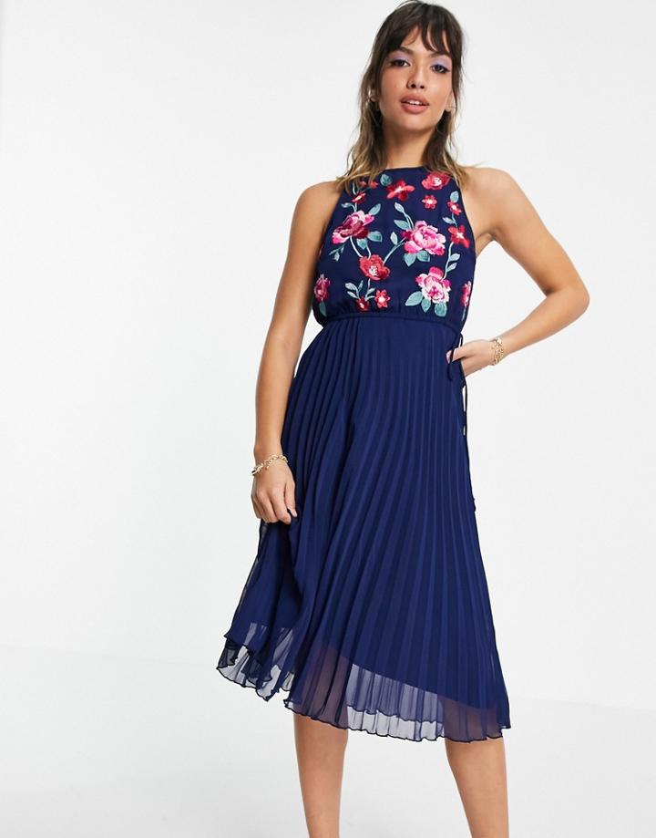 Asos Design Pleated Midi Dress With Embroidery In Navy
