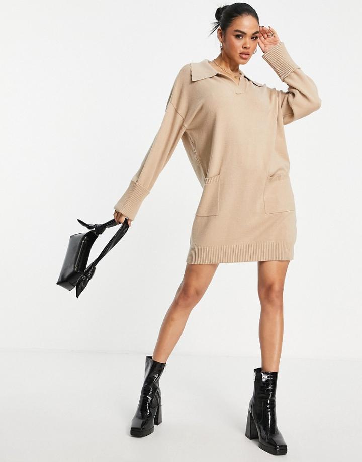 4th & Reckless Wide Collar Knitted Sweater Dress In Camel-neutral