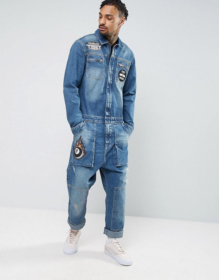 Asos Denim Boiler Suit With Badges In Mid Blue - Blue