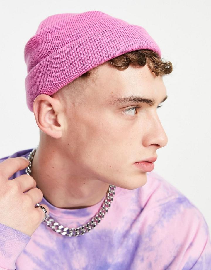 Asos Design Mini Fisherman Beanie In Hot Pink