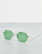 Jeepers Peepers Hexagonal Sunglasses With Silver Frame And Green Lens