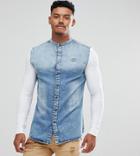 Siksilk Muscle Denim Shirt In Blue With Jersey Sleeves Exclusive To Asos - Blue