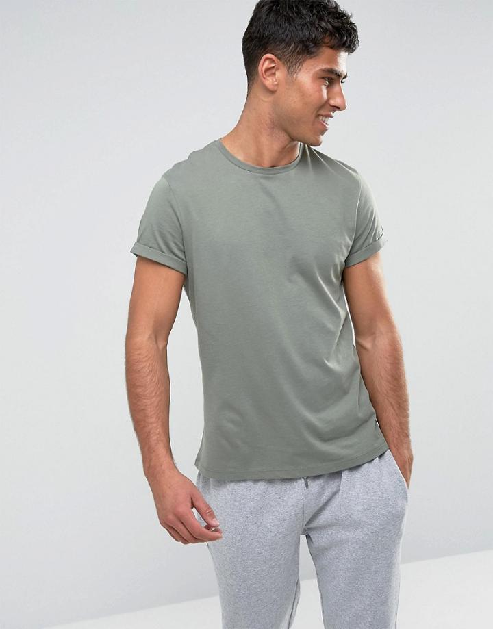 Asos Crew Neck T-shirt With Roll Sleeve In Green - Green