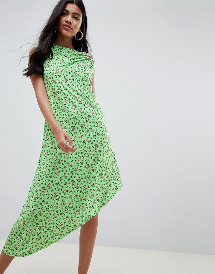 Asos Design Ditsy Print Midi Dress With Button Detail - Multi