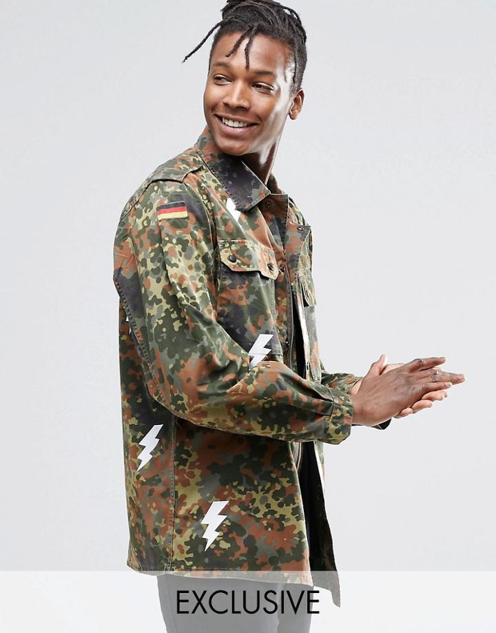Reclaimed Vintage Camo Jacket With Lightening Bolt Print - Green