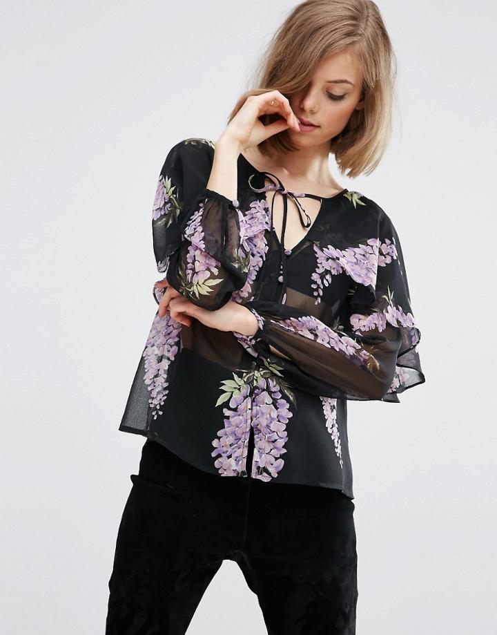 Asos Floral Blouse With Cape Detail & Tie - Multi