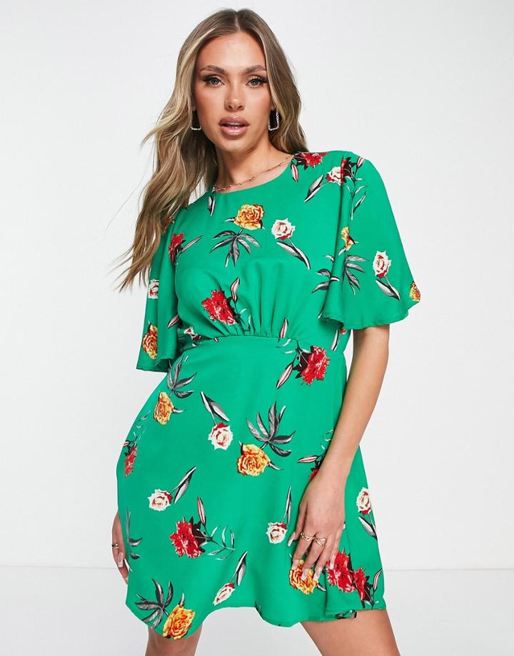Ax Paris Flutter Sleeve Mini Dress In Green Floral