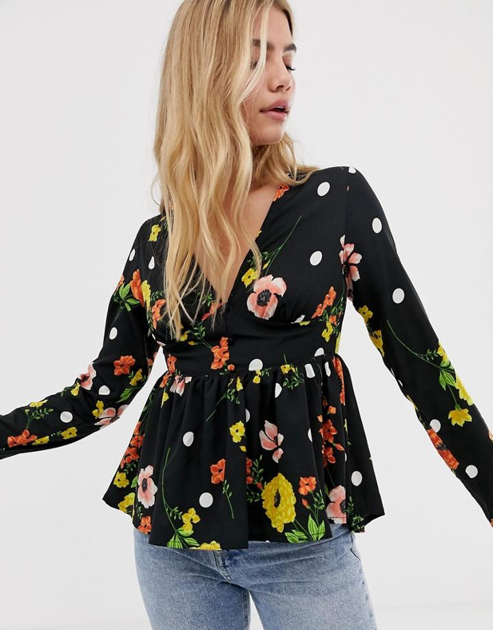 Influence Floral Button Through Peplum Blouse-black