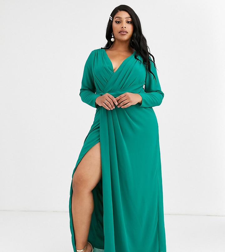 Tfnc Plus Bridesmaid Twist Knot Wrap Maxi Dress In Green
