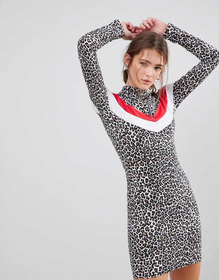 Daisy Street Long Sleeve Dress With Zip High Neck In Leopard - Multi