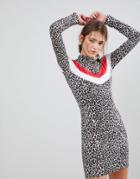 Daisy Street Long Sleeve Dress With Zip High Neck In Leopard - Multi