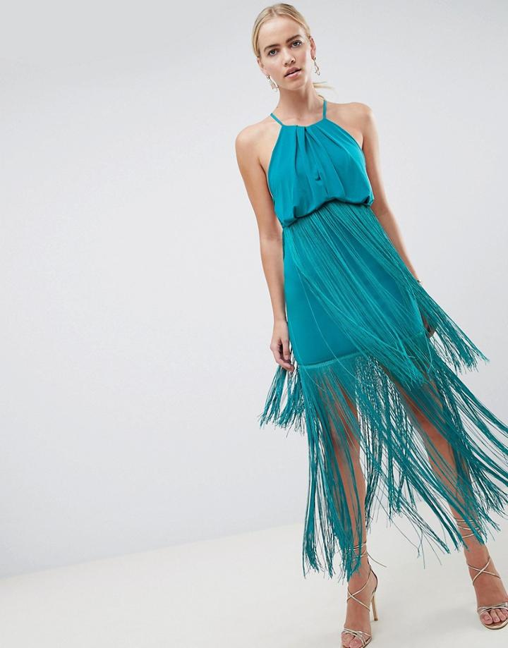 Asos Design Strappy Back Fringe Maxi Dress - Green