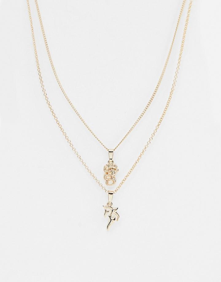 Asos Design Multirow Necklace With Dragon And Flame Pendants In Gold - Gold