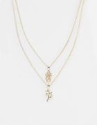 Asos Design Multirow Necklace With Dragon And Flame Pendants In Gold - Gold