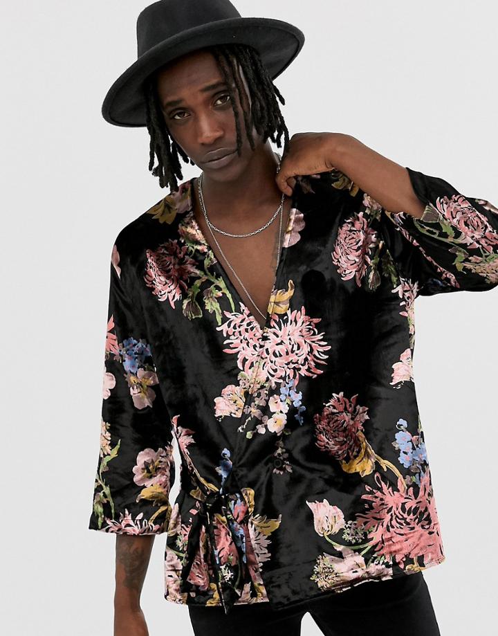 Asos Design Kimono With Burnout Floral In Black