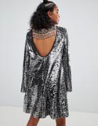 Ragyard Swing Dress In Sequin With Gemstone Back Trim - Silver