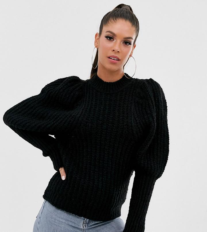 Asos Design Tall Chunky Rib Balloon Sleeve Sweater In Lofty Yarn-black