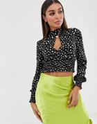 Asos Design Keyhole Top In Slinky With Shirred Cuff And Tie Back In Polka Dot - Multi