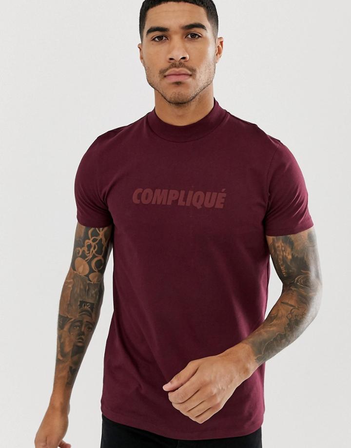 Asos Design T-shirt With Tonal French Slogan Print And Turtleneck - Red