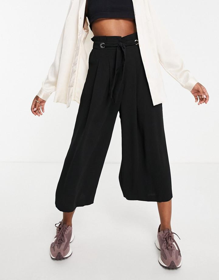 River Island Tie Waist Cropped Wide Leg Pants In Black