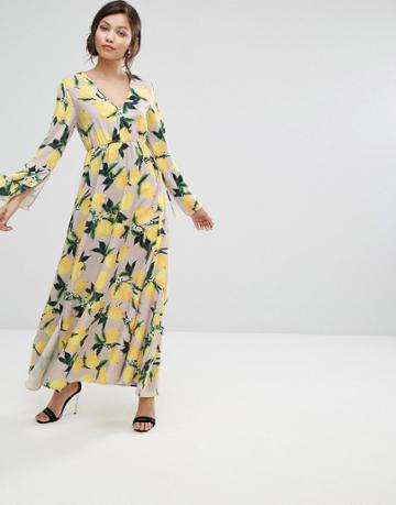 Aeryne Maxi Dress With Split In Allover Lemon Print - Multi