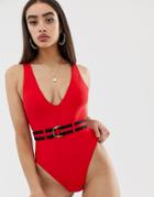 Missguided Belted Swimsuit In Red