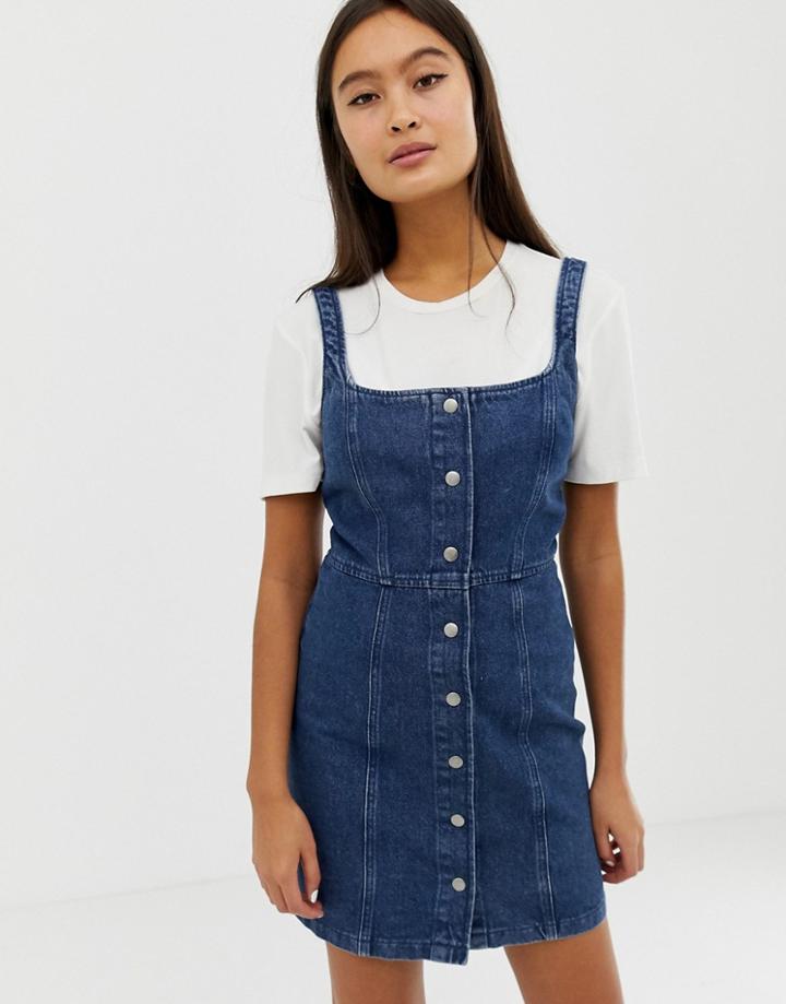 Asos Design Denim Bodycon Dress With Popper Detail In Indigo-blue