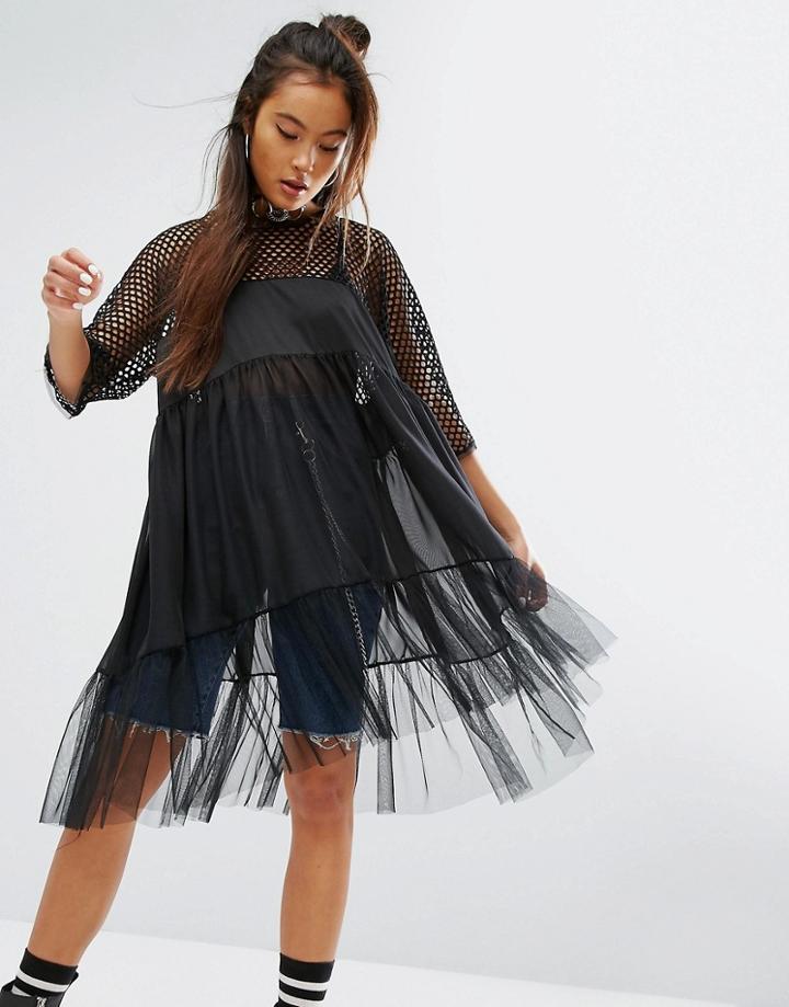 The Ragged Priest Sheer Smock Dress With Mesh & Fishnet Tiers - Black