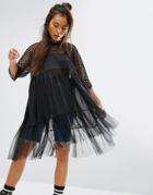 The Ragged Priest Sheer Smock Dress With Mesh & Fishnet Tiers - Black