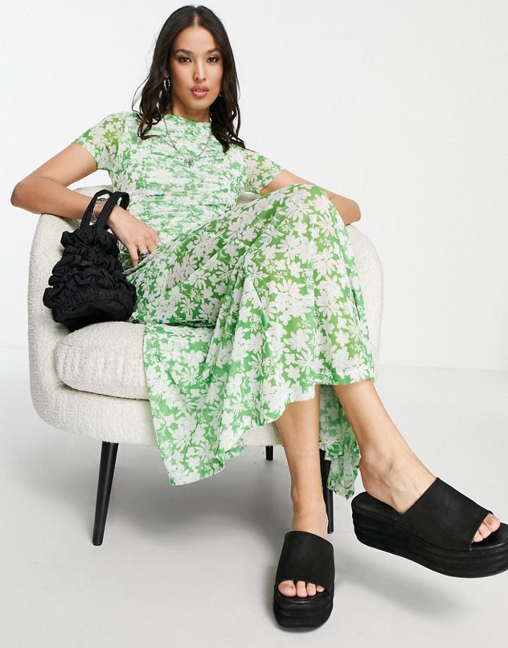 Topshop Mesh Printed Midi Tea Dress In Multi