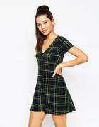 Asos Jersey Button Front Romper In Plaid Check - Multi