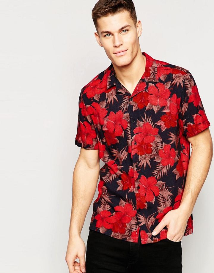 Asos Floral Shirt In Red With Revere Collar And Short Sleeves In Regular Fit