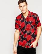 Asos Floral Shirt In Red With Revere Collar And Short Sleeves In Regular Fit