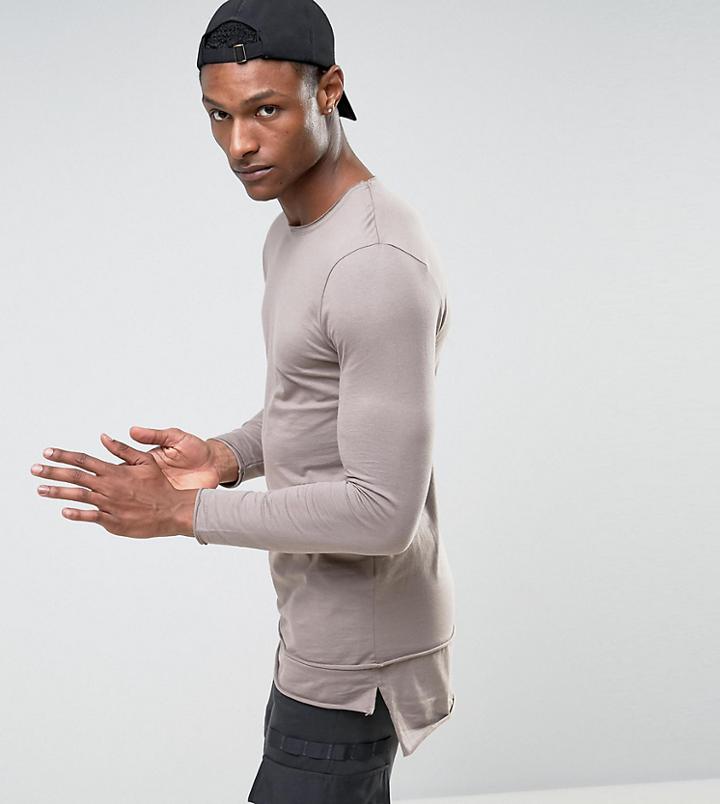 Asos Tall Longline Long Sleeve T-shirt With Raw Edge Hem Detail - Gray