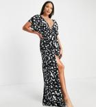 Asos Design Tall Flutter Sleeve Maxi Beach Dress In Mono Spot Print-multi